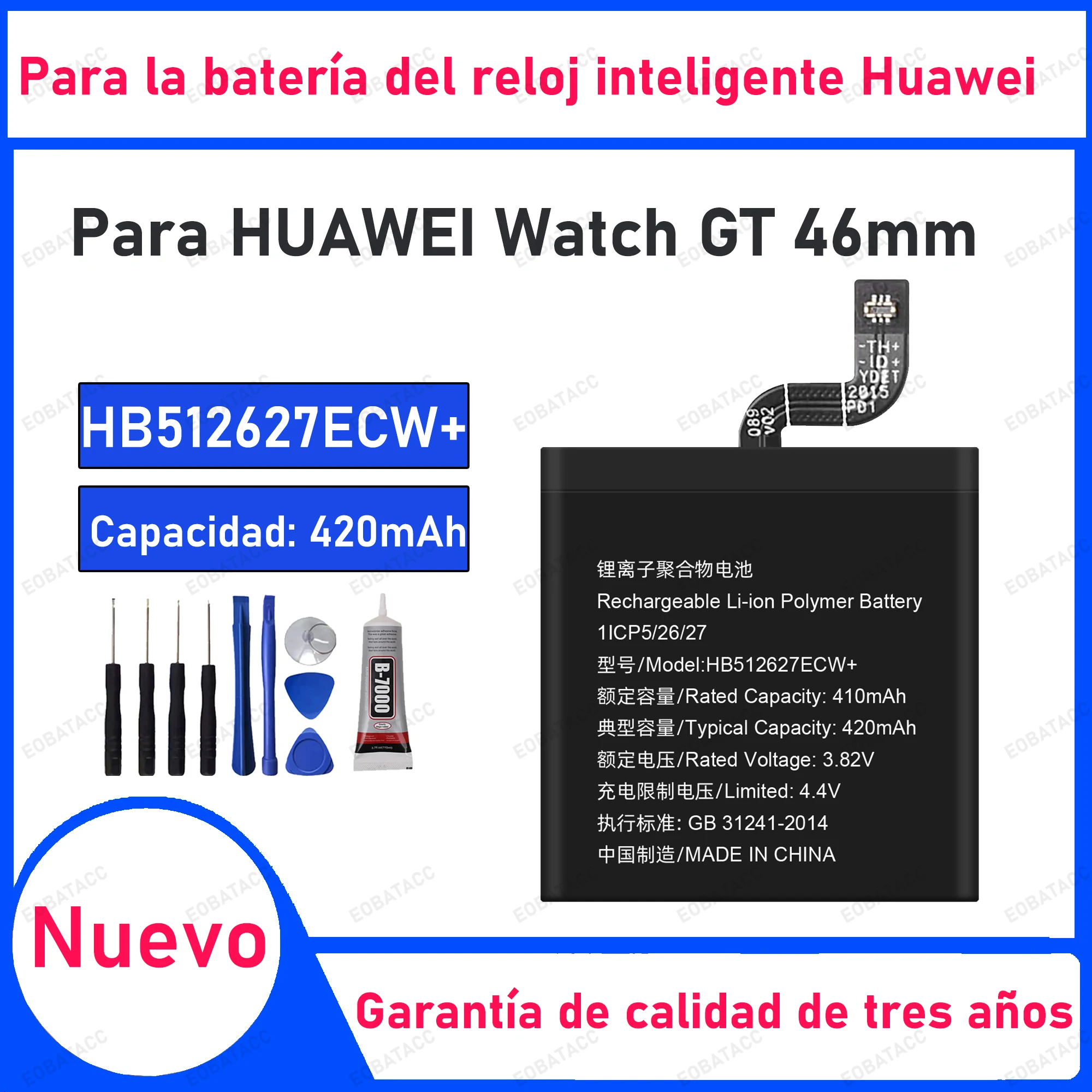 420mAh 100% New HB512627ECW+ Battery For HUAWEI Watch GT 46mm Replacement Bateria+Free Tools