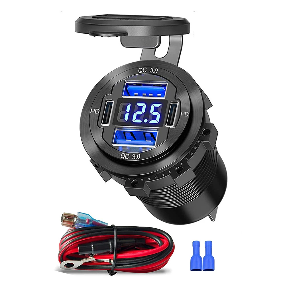 78W Car Charger Dual  QC3.0 and PD Type C Dual USB Car Charger Socket With Voltmeter Aluminium Metal waterproof Quick Charge Ada