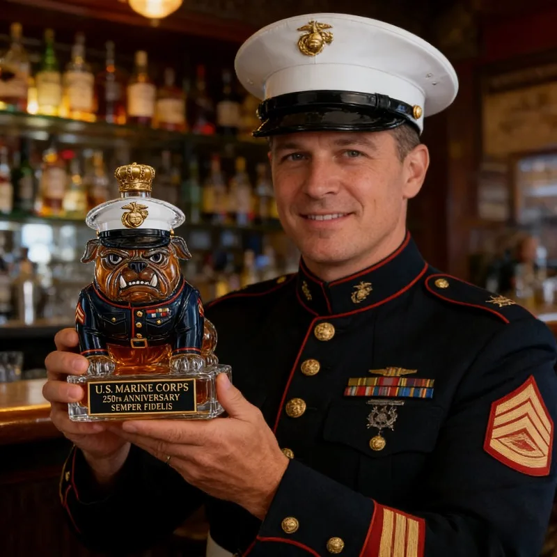 Collectible Marine Corps Bulldog Decanter, 250th Anniversary Semper Fidelis Glass Liquor Bottle