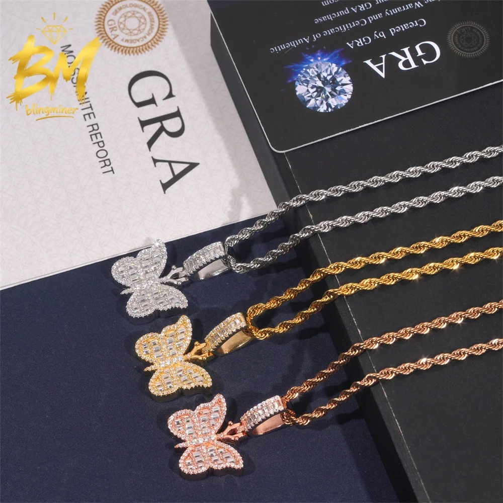 Blingminer Hip Hop Butterfly S925 Silver VVS Moissanite Pendant For Men Women Pendants Jewelry Pass Diamonds Tester Free Shippin