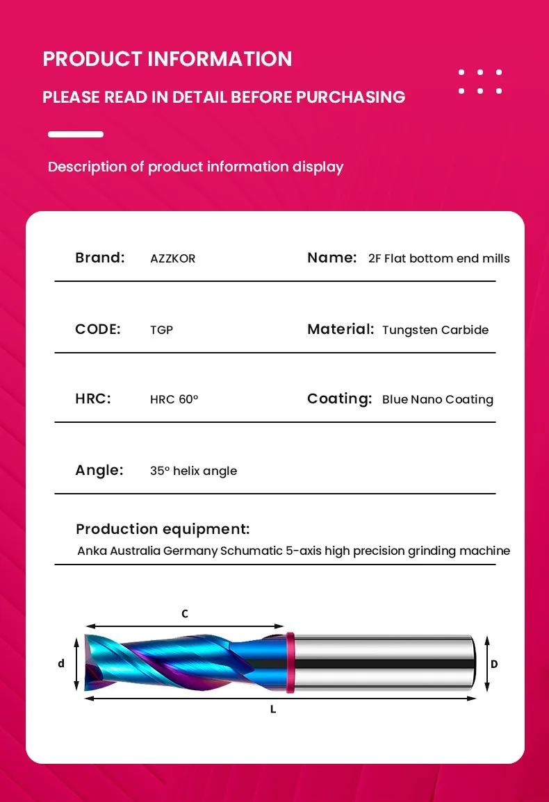 AZZKOR TGP-HRC70 2F Schaftfräser mit blauer Nano-Beschichtung, farbiger Ringmarkierung, aus Wolframstahl-Hartmetall, mit flachem Boden, für CNC-Maschinen. – Detail 16