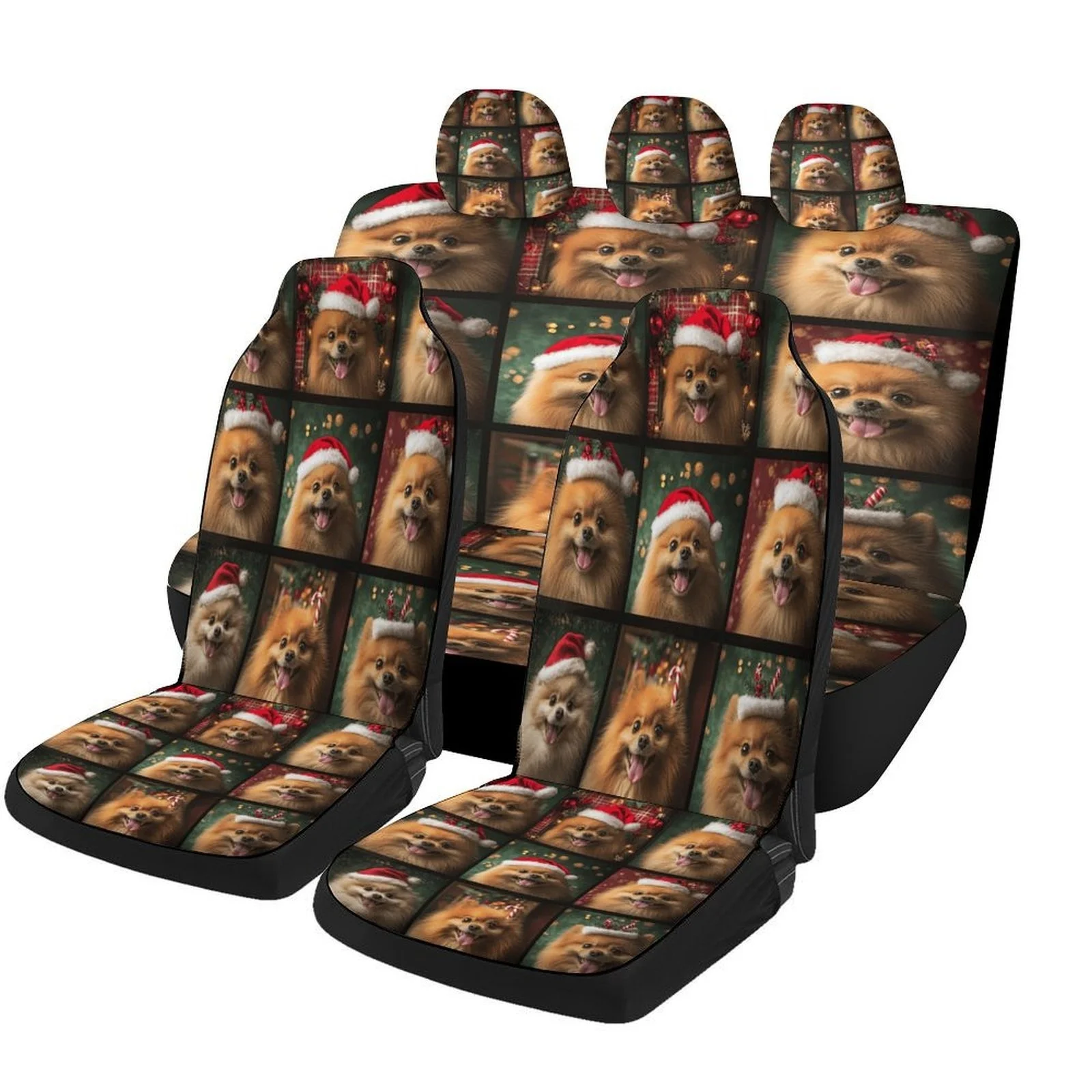 Set Of Car Seat Covers Featuring A Christmas Pomeranian Portrait, Suitable For Various Vehicles. Stylish And High-Quality, This