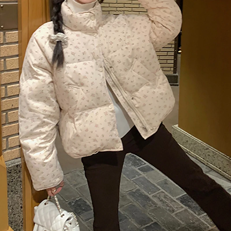 HELIAR Cappotto da donna in cotone caldo dolce stampato floreale Collo a lupetto Addensare Giacca imbottita in cotone a maniche lunghe Giacca casual da donna allentata