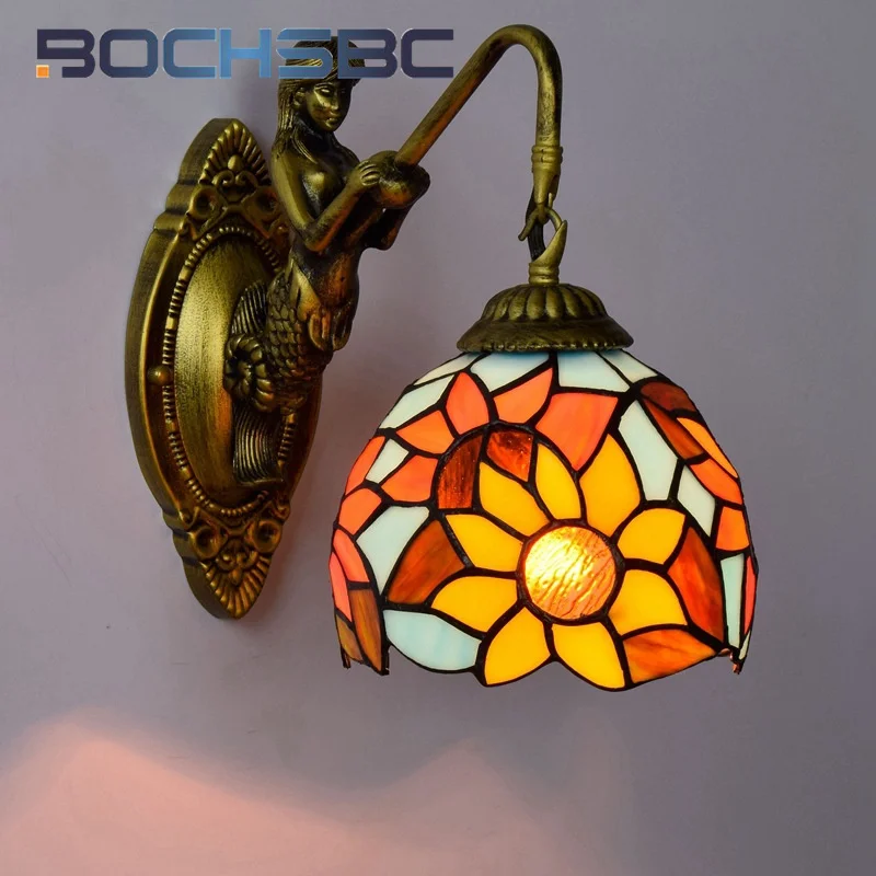 

BOCHSBC Tiffany style retro stained glass sunflower mermaid wall lamp Living room dining room Bedroom bar aisle festive LEDdecor