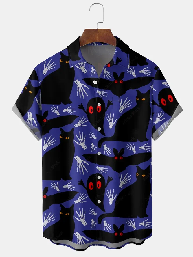 Men\'s Halloween Elements Print Ghost Bats Short Sleeve Hawaiian Shirt with Chest Pocket Casual for Men