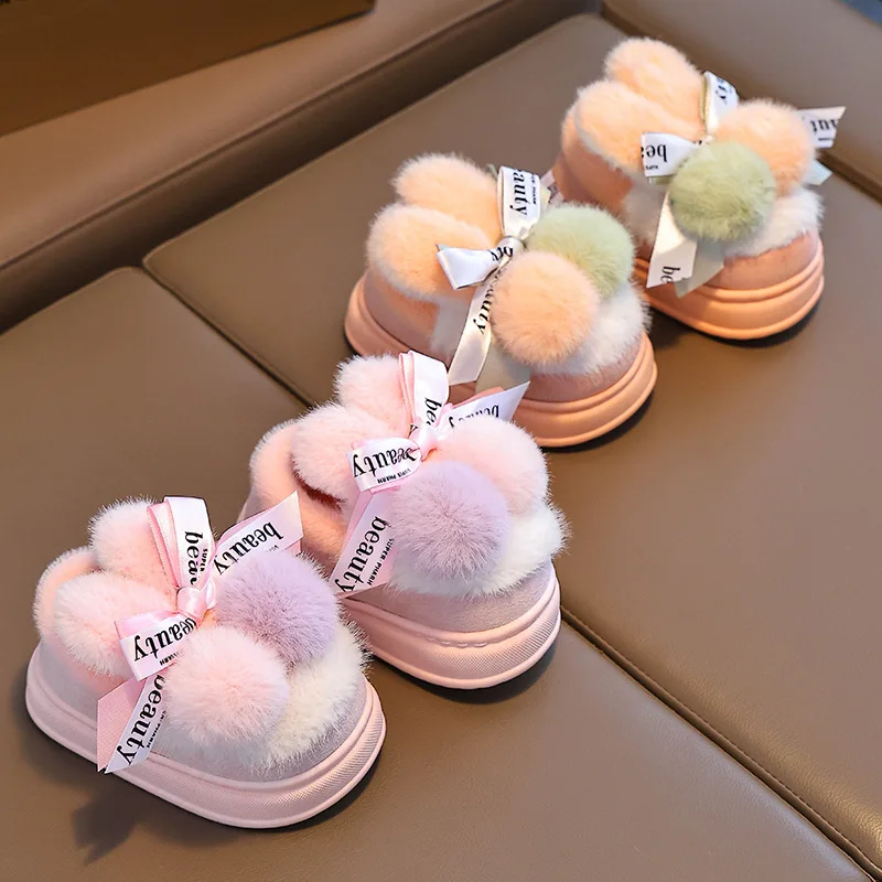 

Children Winter Cotton Slippers Girl Indoor Warmth Home Ribbon Bows Non-slip Slippers Children Heel Wrap Cotton Soft Soled Shoes