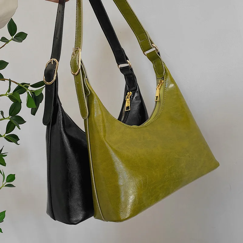 Vintage PU Leather Female Shoulder Bag 2024 Trend Green Underarm Bags for Women Minimalist Luxury Designer Small Handbag