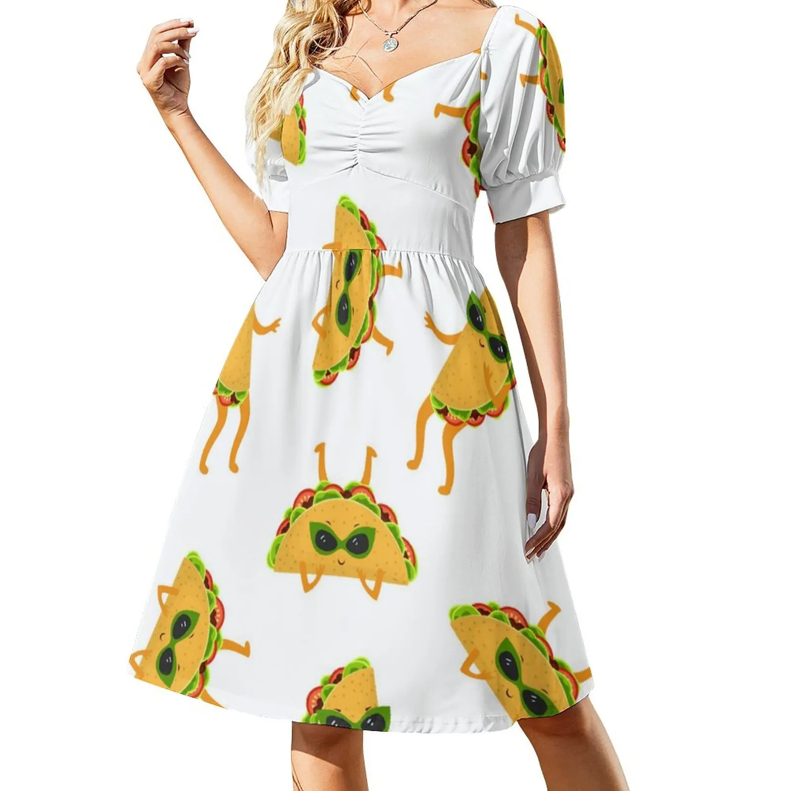 

Funny Tacos Cartoon Pattern Dress Trendy Dresses Womens Short Sleeve Stylish Casual Dress V Neck Oversize Vestidos