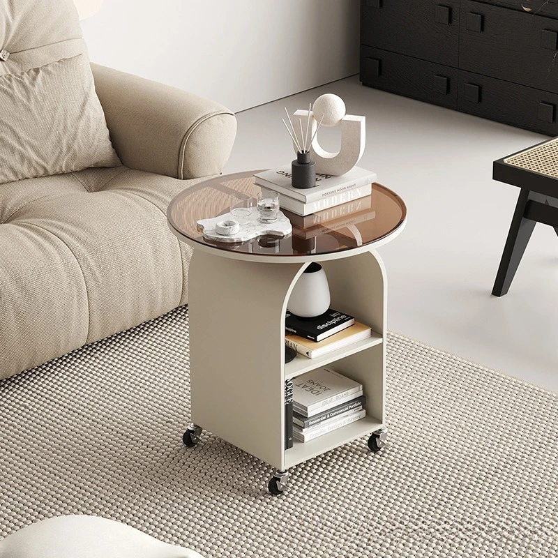 Movable wheeled living room sofa side glass small coffee table