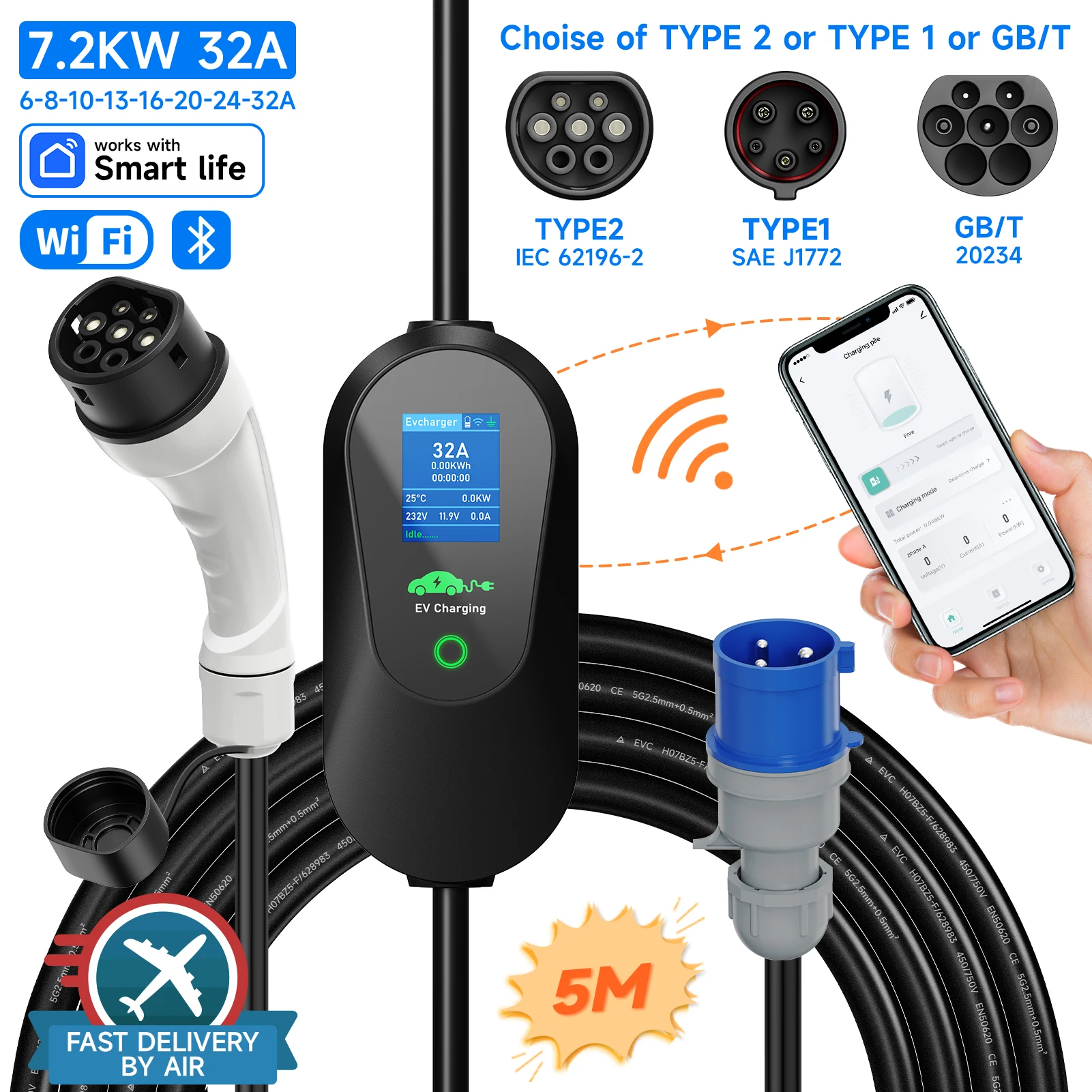 

AFEEV 32A 7.2KW Portable Electric Vehicle Charger Type 2 TYPE 1 GB/T 1 Phase WiFi APP Bluetooth Control for Electric Vehicle