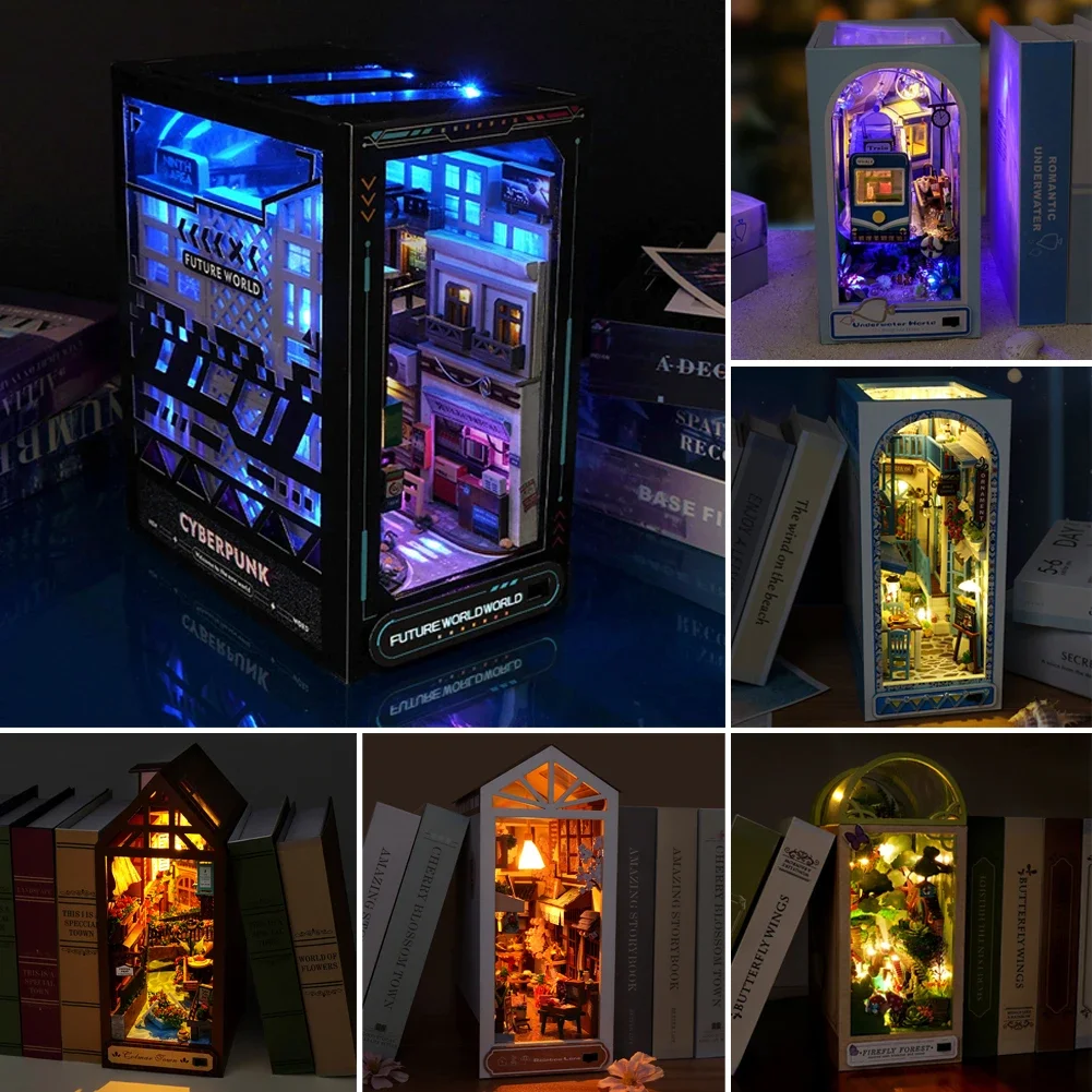 

DIY Book Nook Shelf Insert Kit 3D Wooden Puzzle Doll House Assembly Building Model Bookends with Furniture LED Light Xmas Gifts
