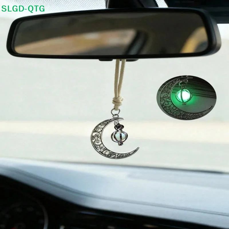 New Hot！Moon Pendant Car Hanging Ornament – Hollow Crescent Design, Inlaid With Luminous Stone, Elegant Rearview Mirror Decor