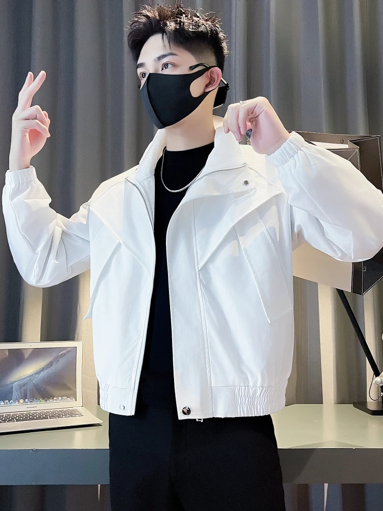 

Модная белая куртка с воротником-стойкой для мужчин Haome, повседневная ткань из полиэстера, длинная застежка-молния све, весенне-осенняя одежда