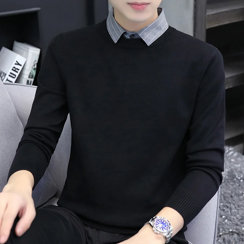 

Мужской вязаный свитер с воротником, однотонный, для ношения под одеждой, повседневный, модный, молодежный, осенне-зимний, с длинным рукавом