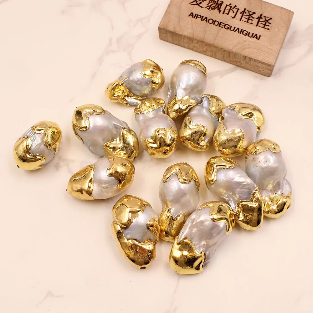 APDGG 5 Pcs Big Freshwater Gray Keshi Pearl Connector Pendant Gold Plated Baroque Pearl Loose Beads For Jewelry Making DIY