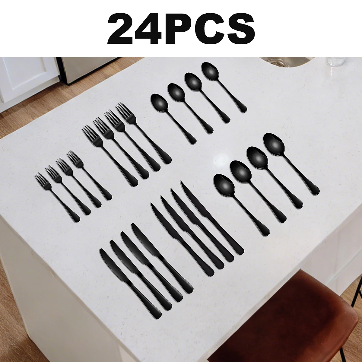 

Набор из 24 предметов с ножами и вилками для стейка, изготовленный из высококачественной нержавеющей стали, подходит для семейных встреч, вечеринок и в качестве подарка.