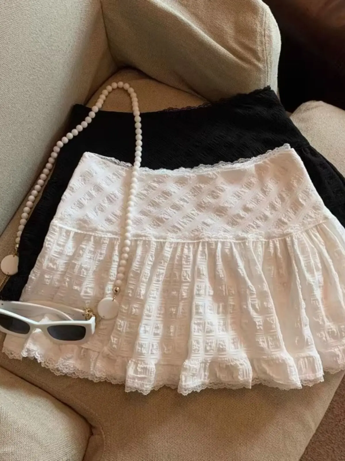 White Lace Skirt for Women High Waist Summer A-Line Thin Spice Girl Anti-Light Cake Skirt