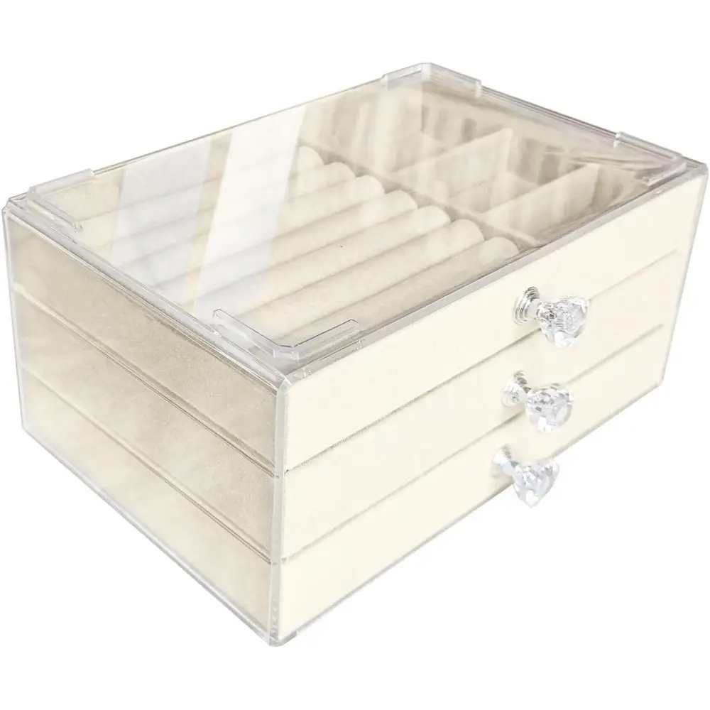 

Clear Acrylic Velvet Jewelry Organizer with 3 Drawers, Stackable Display Storage for Earrings, Bracelets, Rings, Box Holder Case