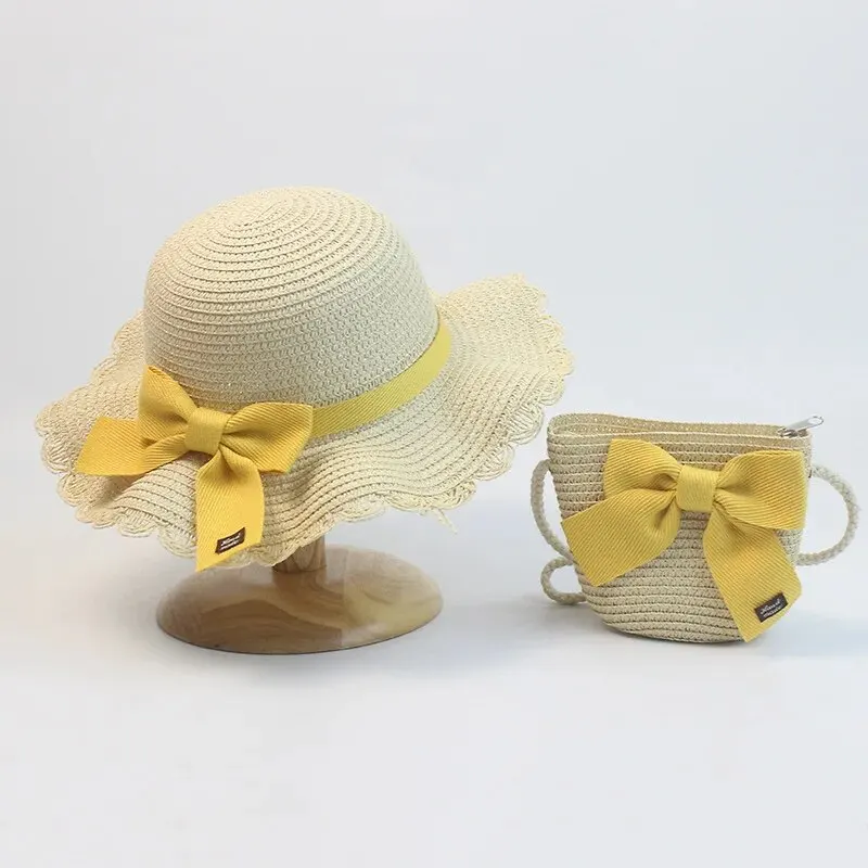 Children Straw Hat and Shoulder Bag Girls Summer Outdoor Beach Cap Cute Bow Travel Beach Sun Hat Crossbody Bag