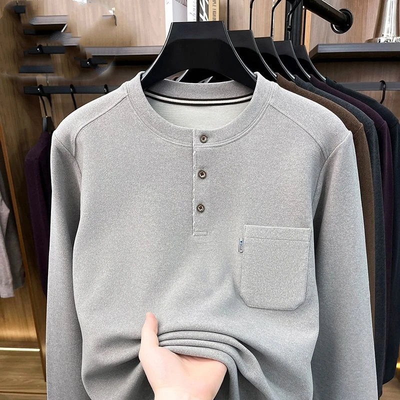 Old Money Style Mens Loose Henley Shirt Wool Silk Blend Long Sleeve Top Middle Aged Dad Casual Daily Wear