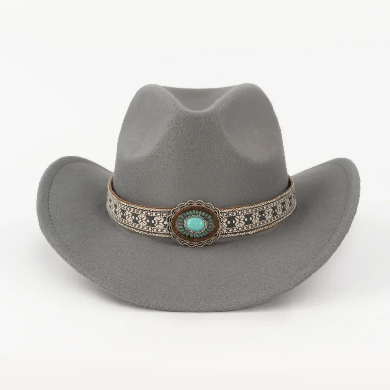 

1pcs Cowboy Hat Gray Black Series, Green Emerald Detachable Belt, Breathable Cowboy Hat Western Style Casual Sunproof Hat