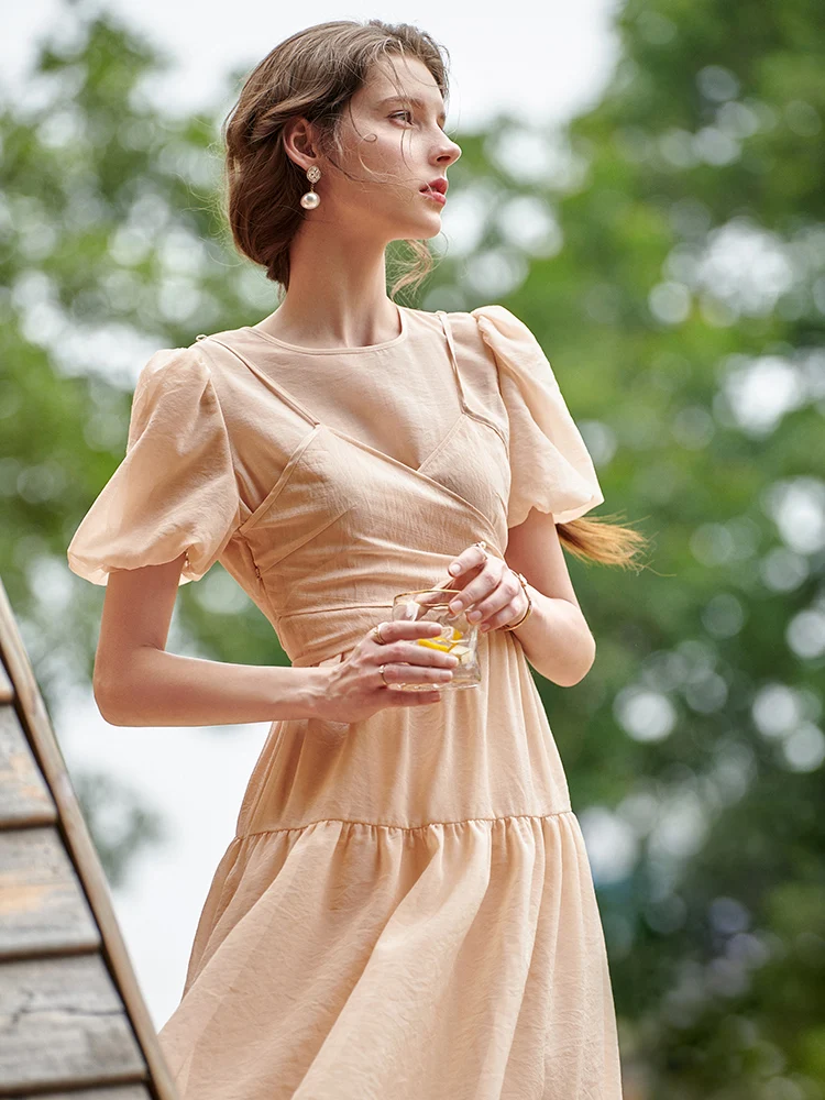 

OLrain Solid Dresses for women 2025 French Commut vacation Sweet t A-line Puff Sleeve O Neck Dress Female Clothing O21XL51888