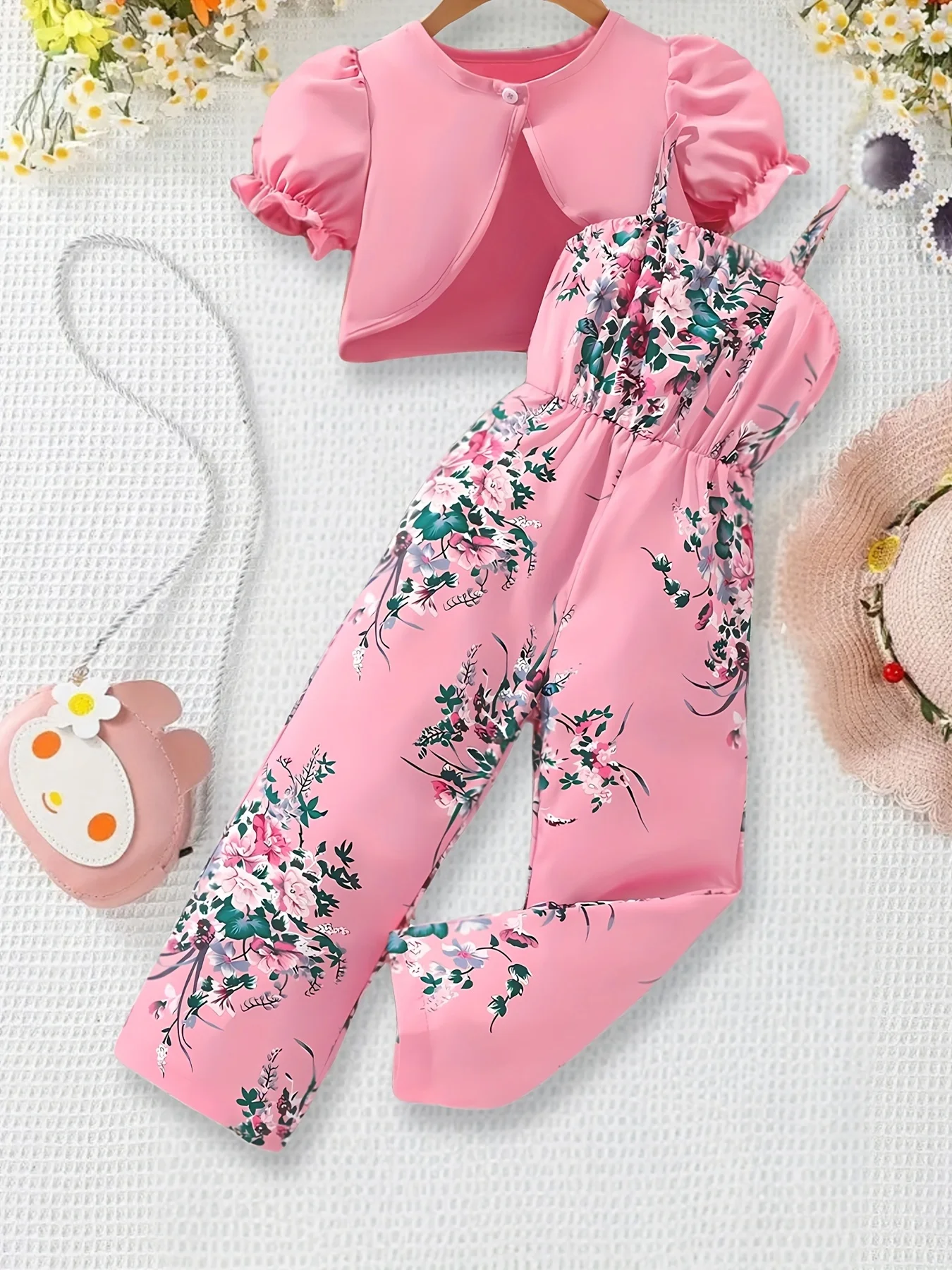 Ins Mädchen-Overall mit Blumendruck, Volldruck, lässiges Mode-Set für Kinder, geeignet für Kinder im Alter von 3–8 Jahren, Lotusrosa, kleiner Schal, vielseitige Kleidung