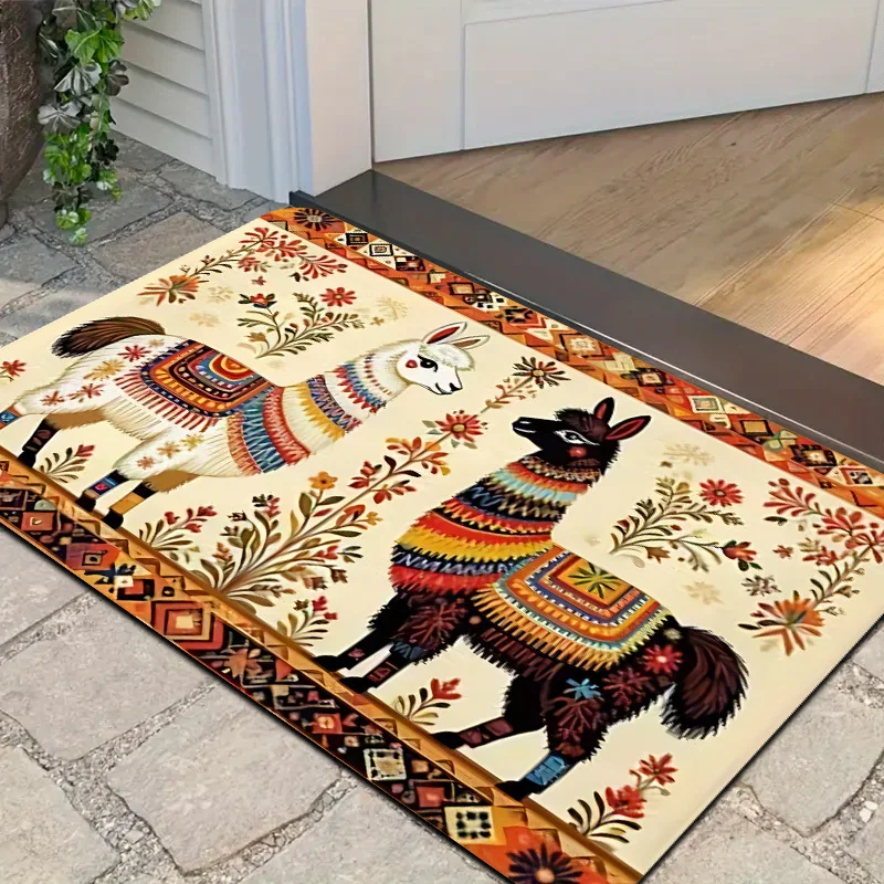 Cute Llama Alpaca Pattern Doormat Welcome Mat Boho Southwestern Tribal Area Rug for Entryway Nursery Bathroom Decoration