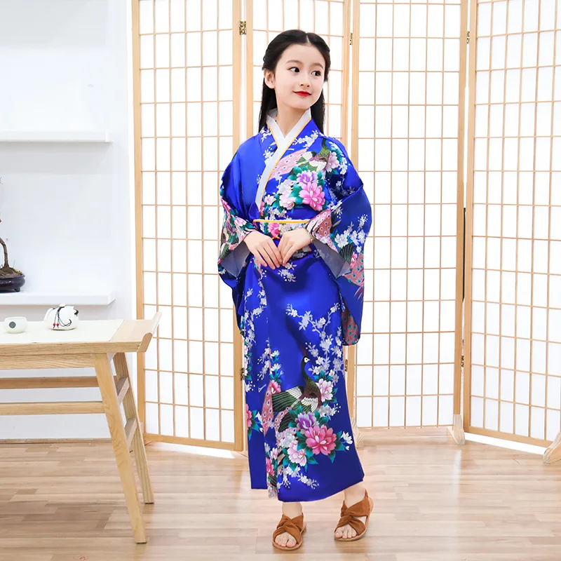 Kostum Cosplay pertunjukan antik Kimono Jepang baru anak-anak kostum Cosplay pakaian Asia tradisional dicetak bunga Yukata dengan Obi