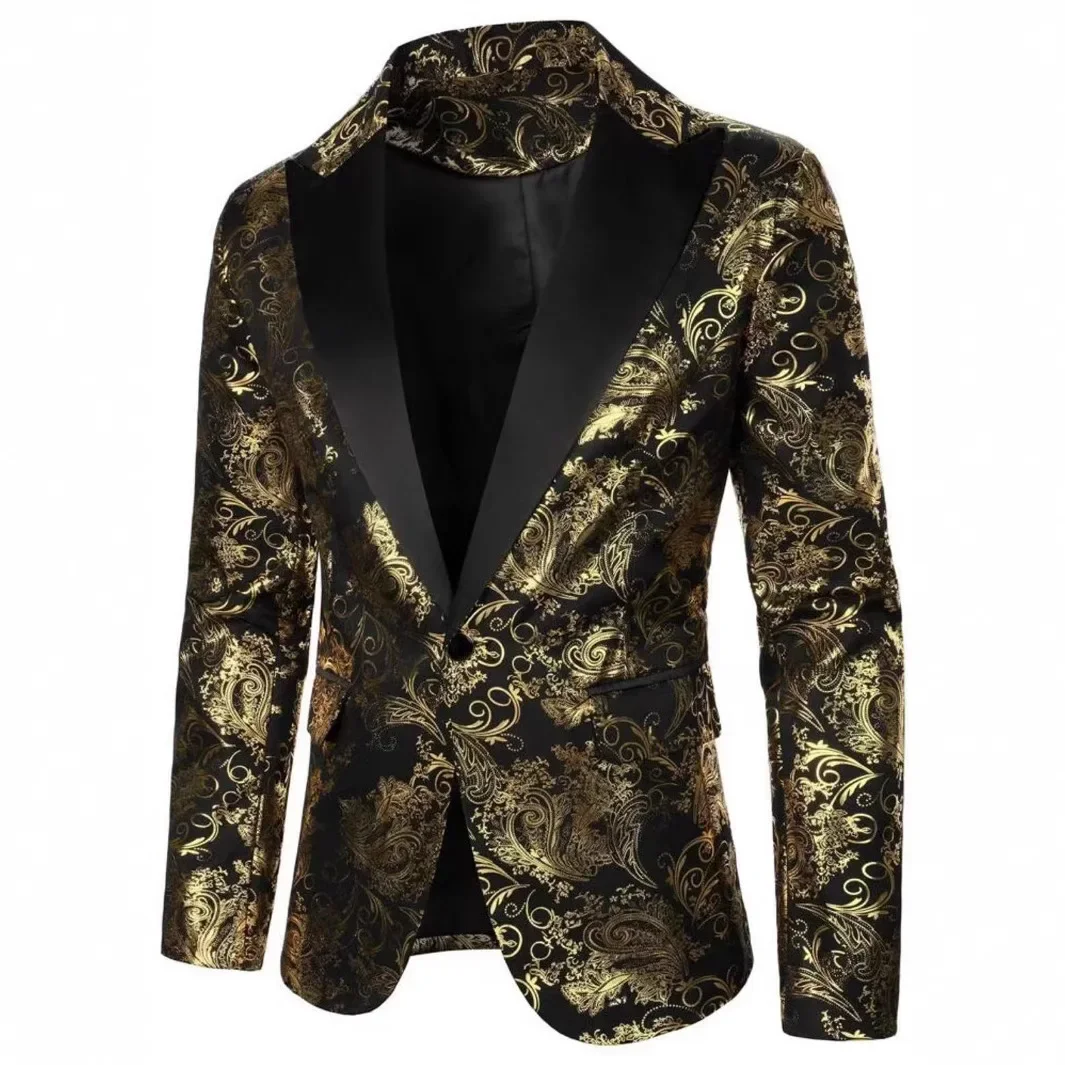 Men Gold Printed Suit Jacket, European Size V-Neck Single Button Dress Coats, Wedding/Party/Interview/Stage Performance Blazers.