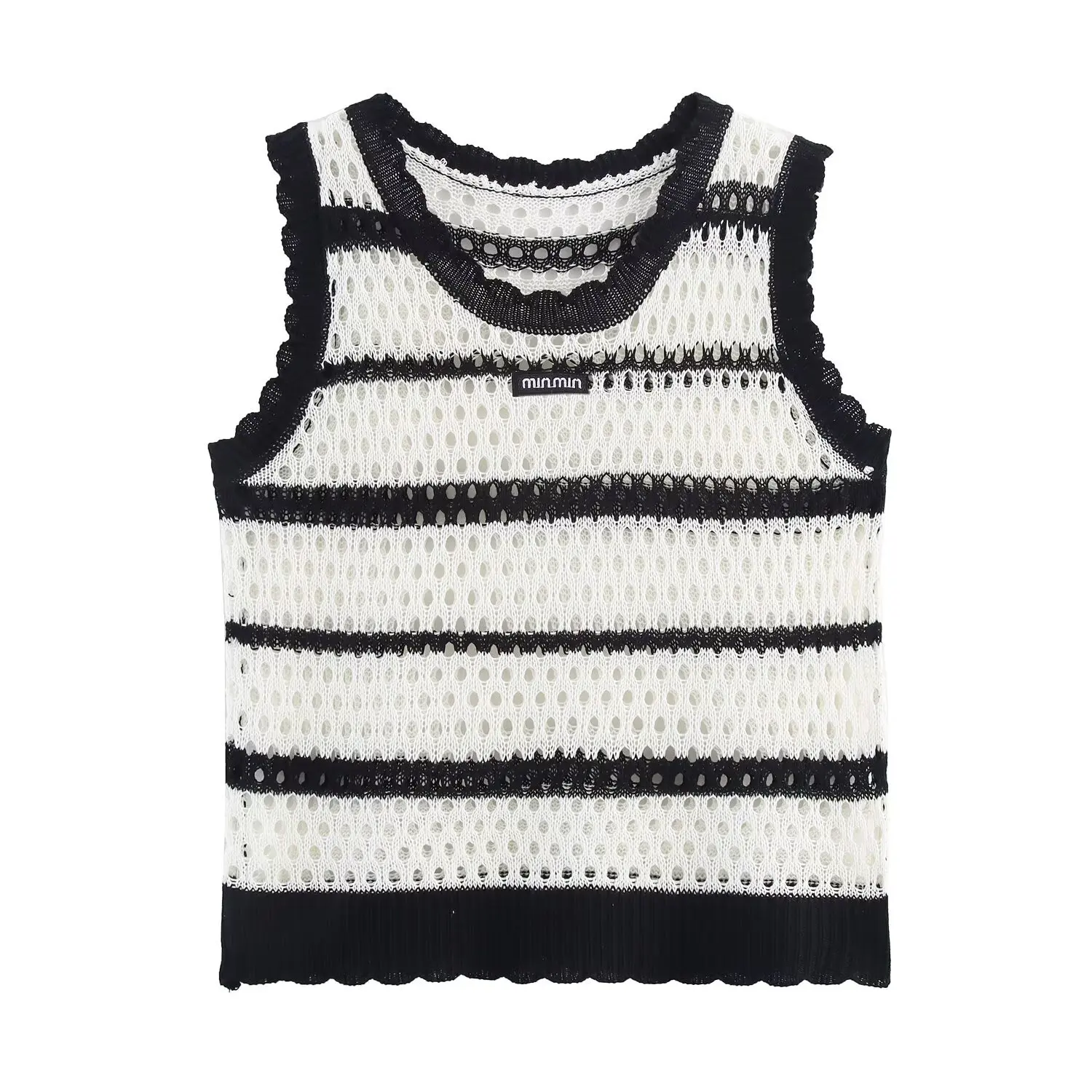 

Elegant Stripe Knitted Sporty Strap Vest Women Summer Outerwear Sleeveless Fashionable Top Hollow Out Contrasting Knitted Vest