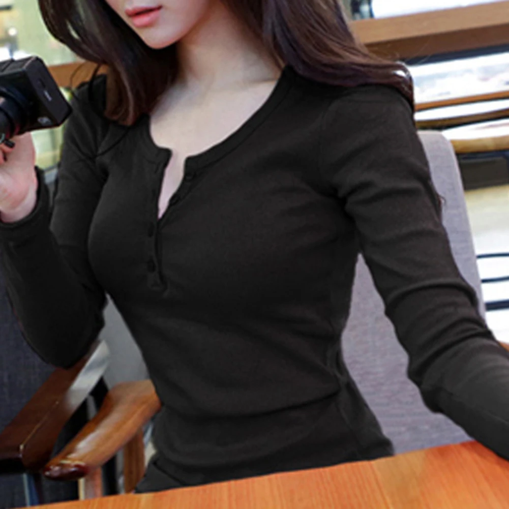 

Body hugging women long sleeve T shirt solid color with buttons elastic base layer top for casual street style