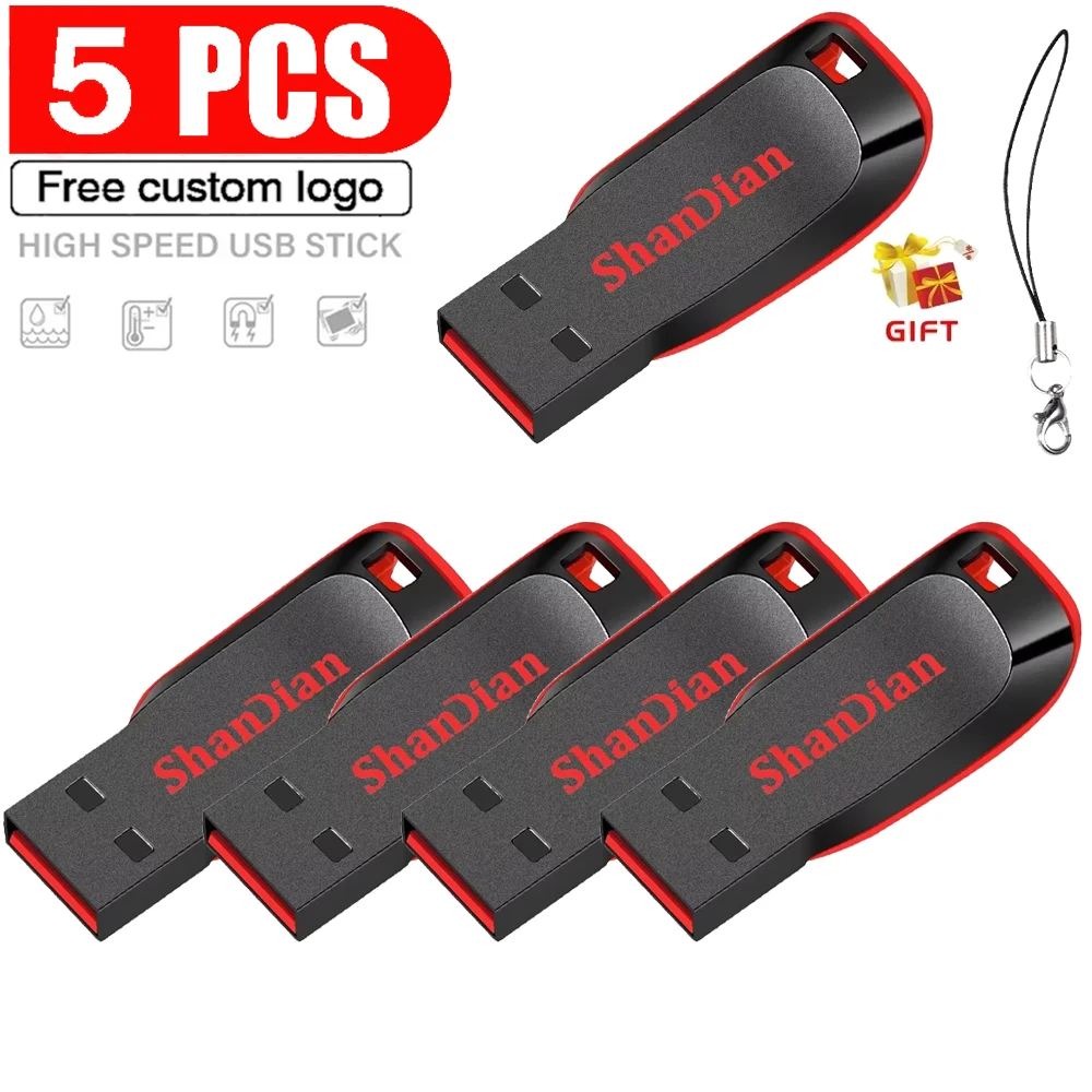 SHANDIAN 5PCS/LOT High Speed Genuine USB Flash Drive 128GB Black Pen Drive Free Keychain 64GB Memory Stick 32GB Business Gift