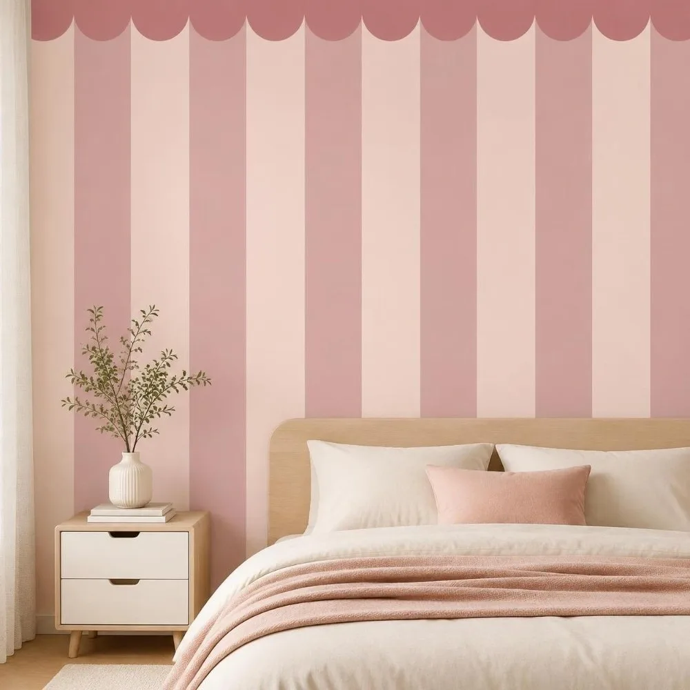 Self-Adhesive Half Wall Wallpaper Waterproof Scalloped Border Wall Decals Striped Pattern Peel Stick Wallpaper Indoor Home Decor