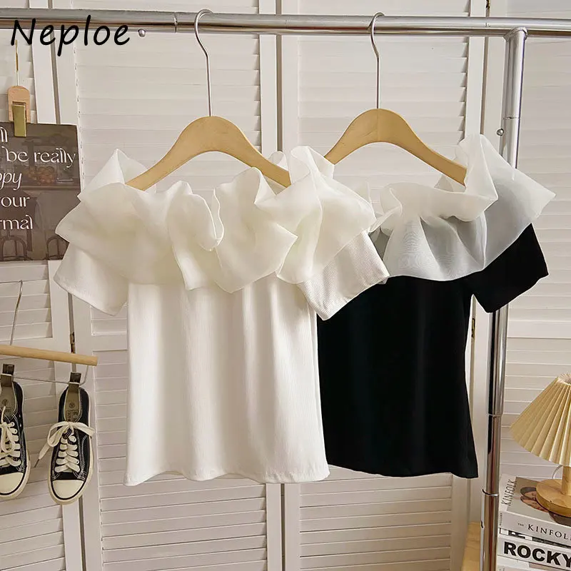 Neploe French Mesh Patchwork Slash Neck Short Sleeve T-Shirt 2024 Summer Simple Casual Sweet Style Slim Fitting Solid Color Tees