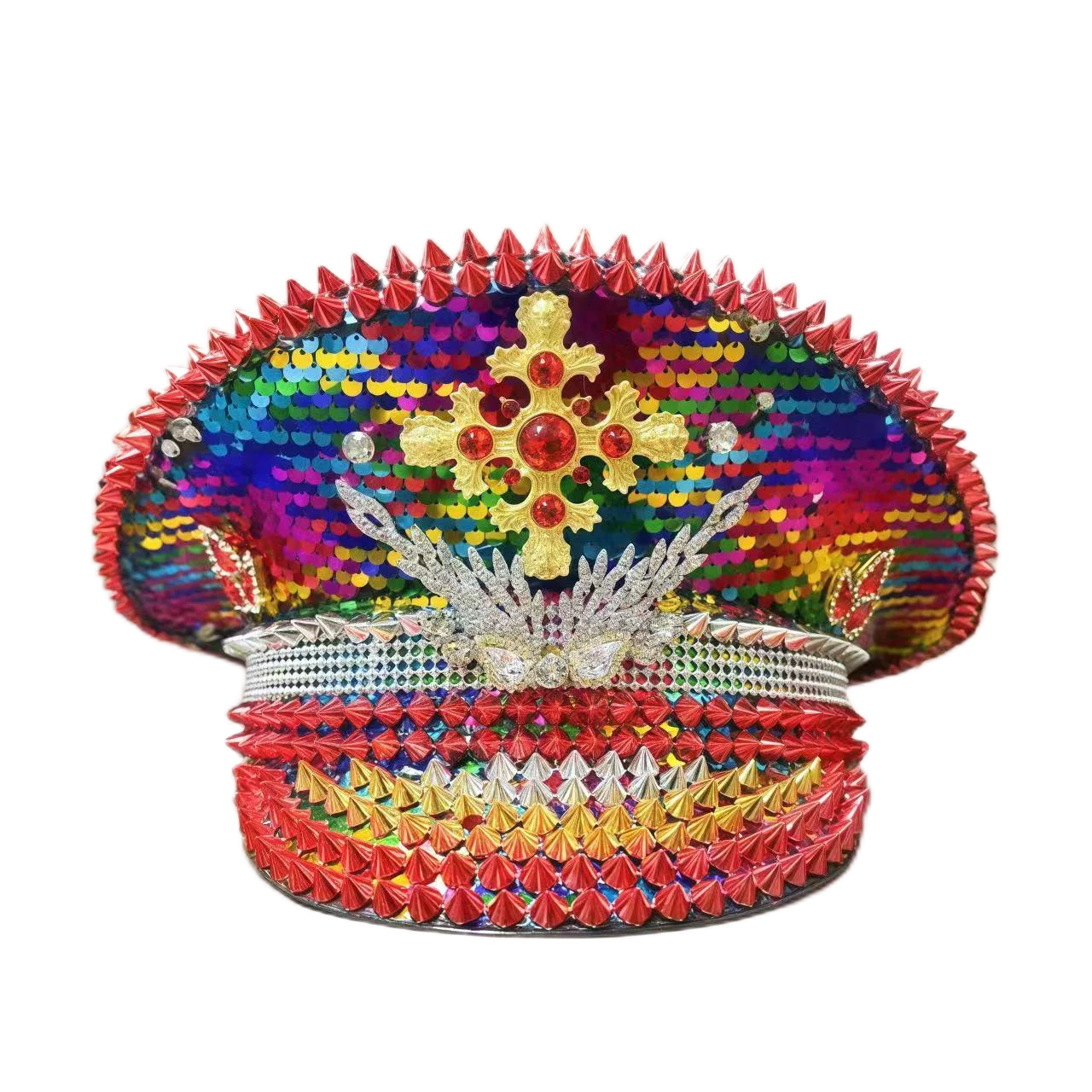 HongLuan Yellow Laser Leather Loop Captain Hat Rhinestone & Military Caps for Woman, Rave Festivals Accessories ＆ Party Cap Man