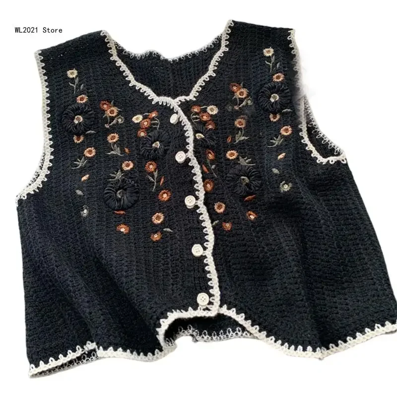 Women Spring Crochet Knitted Vest Waistcoat Embroidery Floral Leaves V-Neck Button Down Sleeveless Cardigan for Jacket Sweater