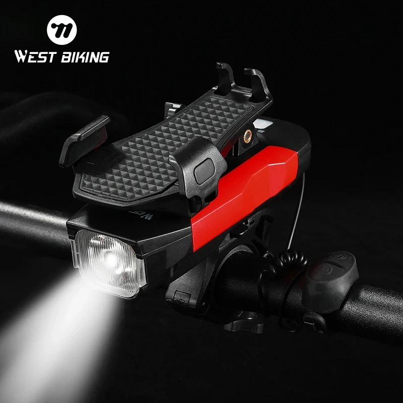 

WEST BIKING 4 In 1 Bike Light USB Rechargeable Waterproof LED Lamp Phone Holder Bicycle Front Light Horn Cycling Accessories