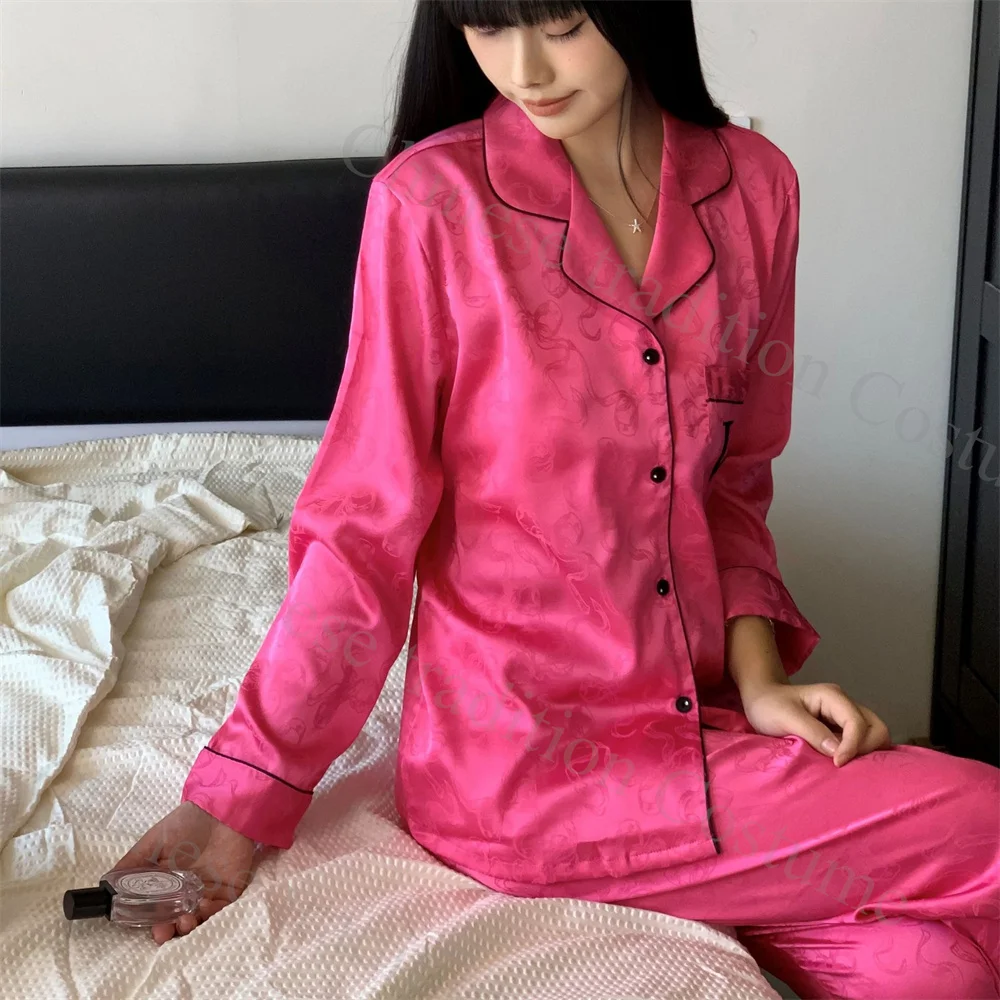 Hot Pink Bow Pijamas Set 2Pcs Loungewear Rayon Homewear Women Loose Sleepwear Luxury Embroider Letter Pyjamas Top&pants Outfit