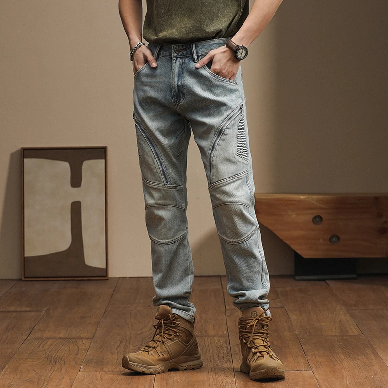 American high-end trend personality zipper splicing biker small leg pants Slim stretch retro men's jeans pants homme