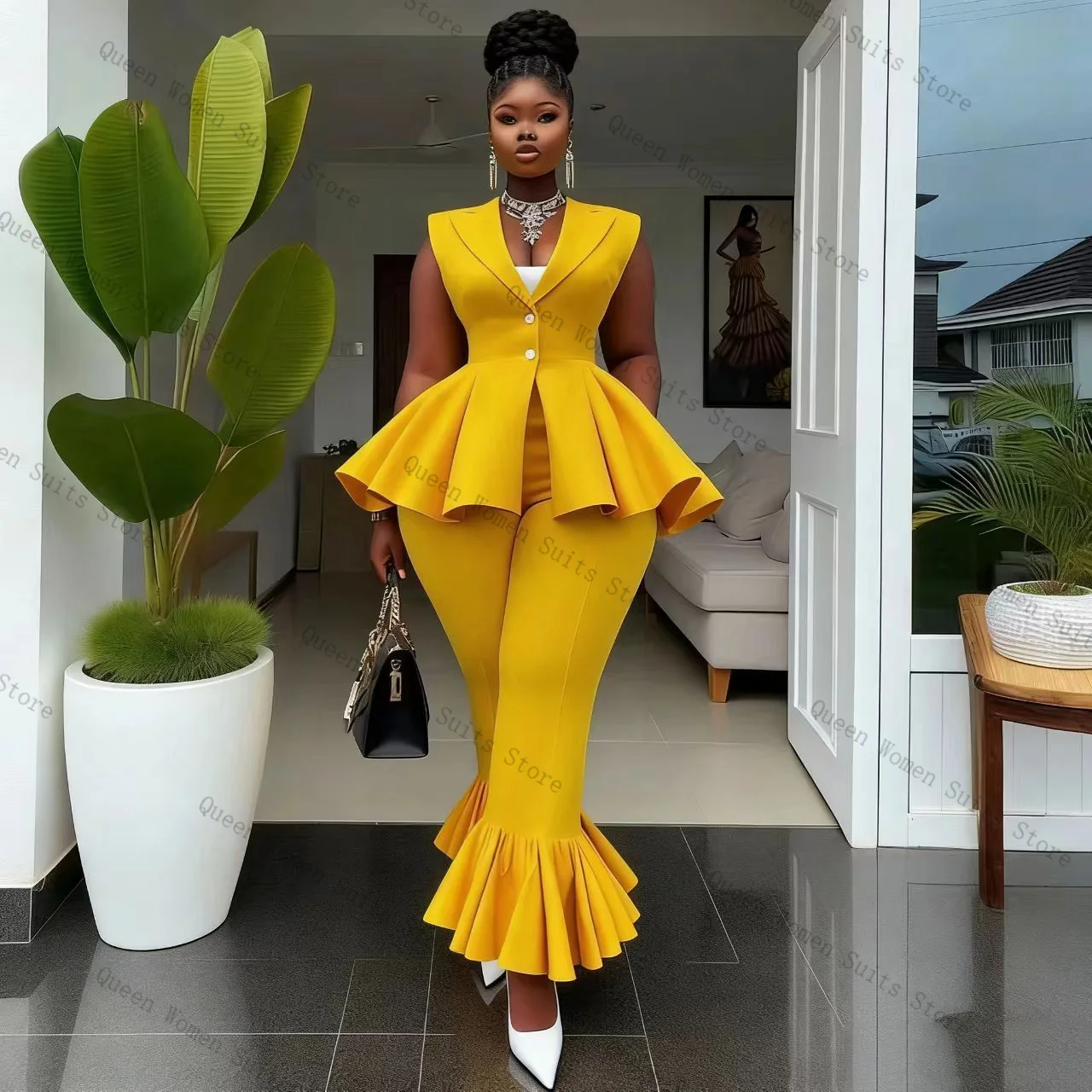 Yellow Women Suit Pants Set 2 Pcs Vest+Trousers Cotton Prom Formal Office Lady Jacket Sleeveless Wedding Coat Customized view 2