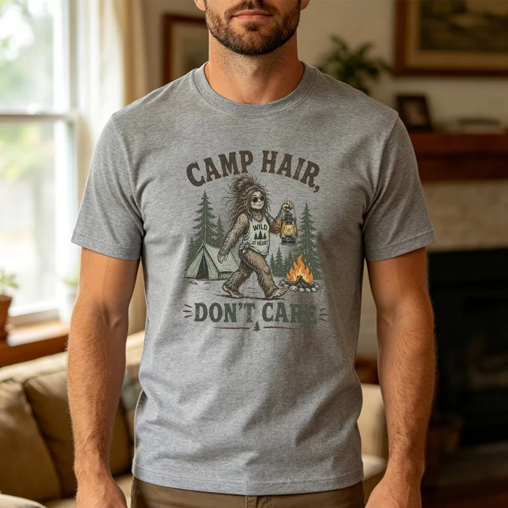 Camp Hair Don't Care Bigfoot Camping Print Men Cotton Tshirt Wilderness Graphic Summer Adventure Travel Shirts Men Clothing