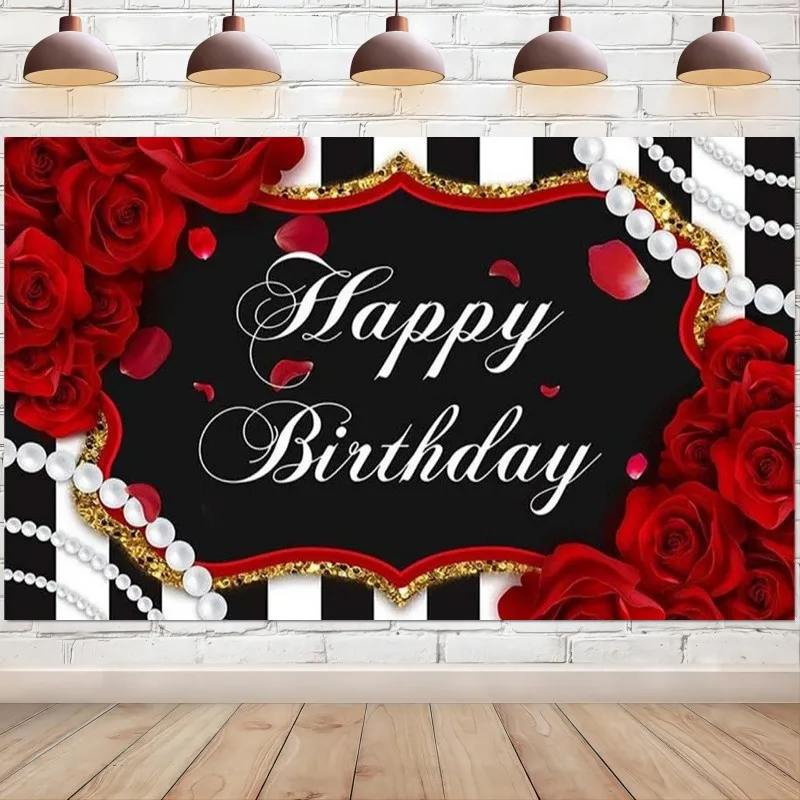 

Red Rose Happy Birthday Backdrop Flowers Pearl Black and White Stripes Photography Background for Girl Women Decorations Banner