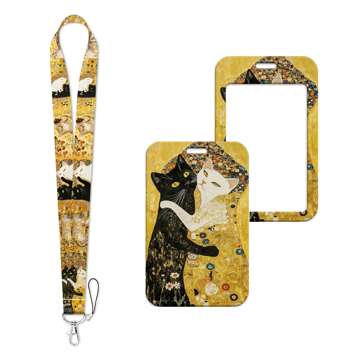 

Black White Cats Lanyard Neck Strap Keychain Yellow Flower ID Card Cover Badge Holder Mobile Phone Hang Rope Keyring Accessories