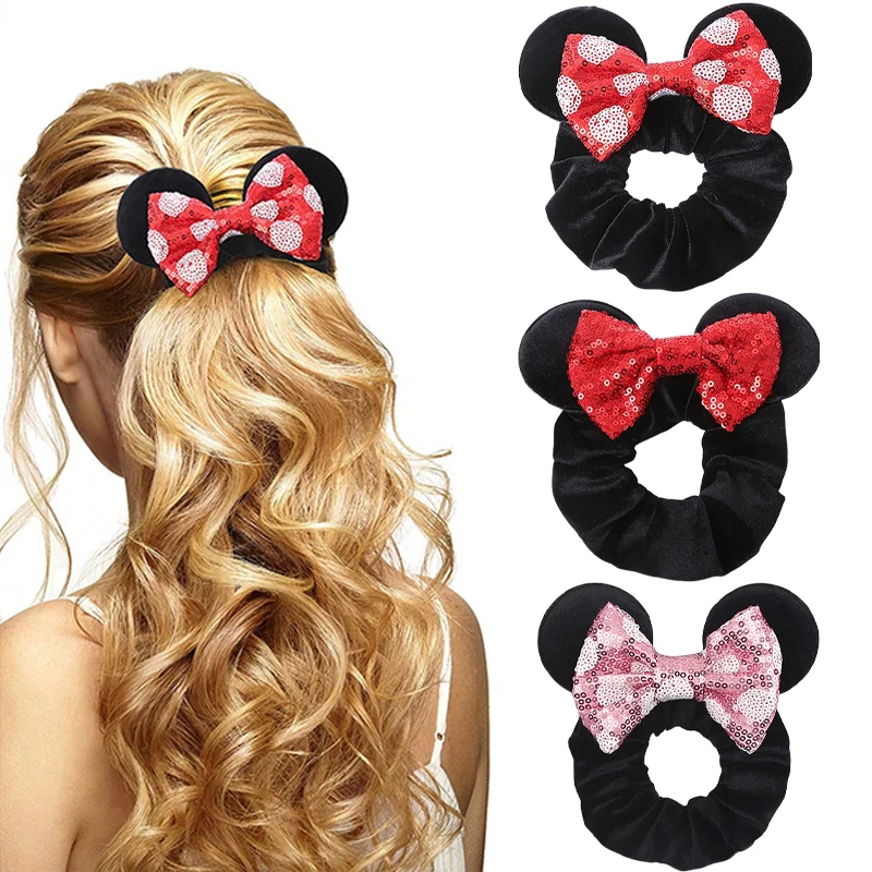 Anime Mickey Minnie Mouse Ears Hair Ties Cute Sequin Bow Hair Band Headwear for Women Ponytail Holders Party Favors