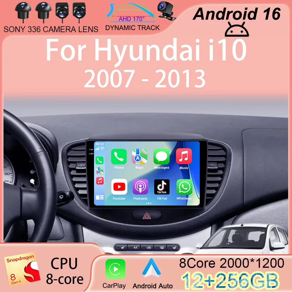 

Android 16 Carplay Auto For Hyundai i10 2007 -2013 Multimedia video Player Navigation Car Radio WIFI+4G 2DIN Stereo DSP