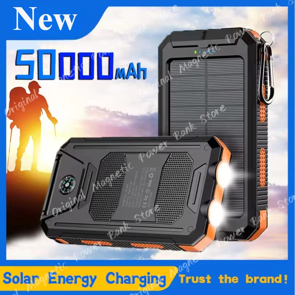 

New 50000mAh Large Capacity New Solar Portable Power Bank Outdoor Compass External Battery Flashlight For Xiaomi iPhone Samsung