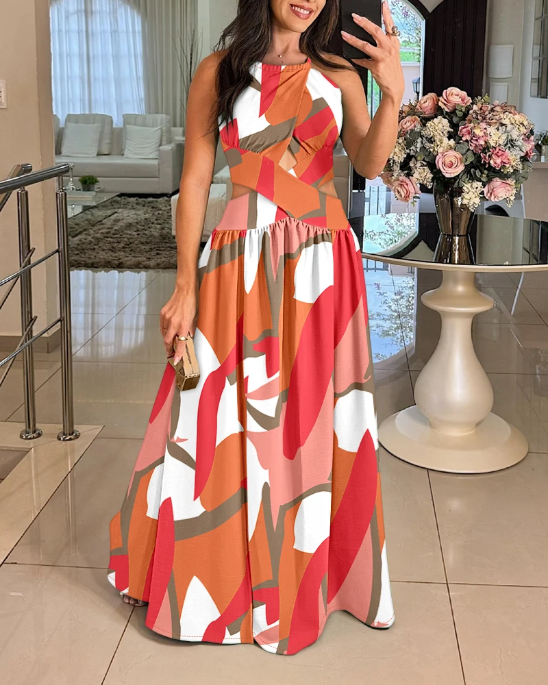 

Printed off shoulder sleeveless shirt cross hollow dress