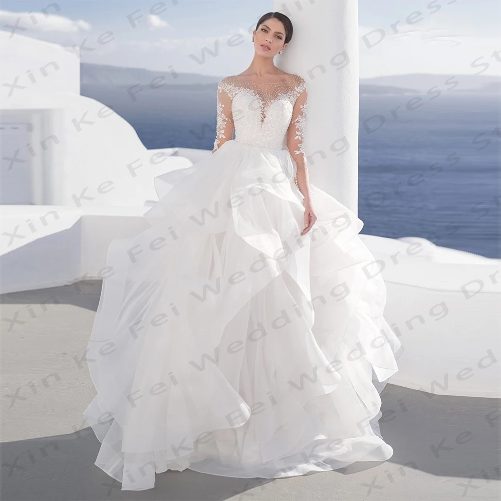 Vestidos De novia De lujo para mujer, traje elegante De manga larga con apliques De encaje De princesa, color marfil, 2024