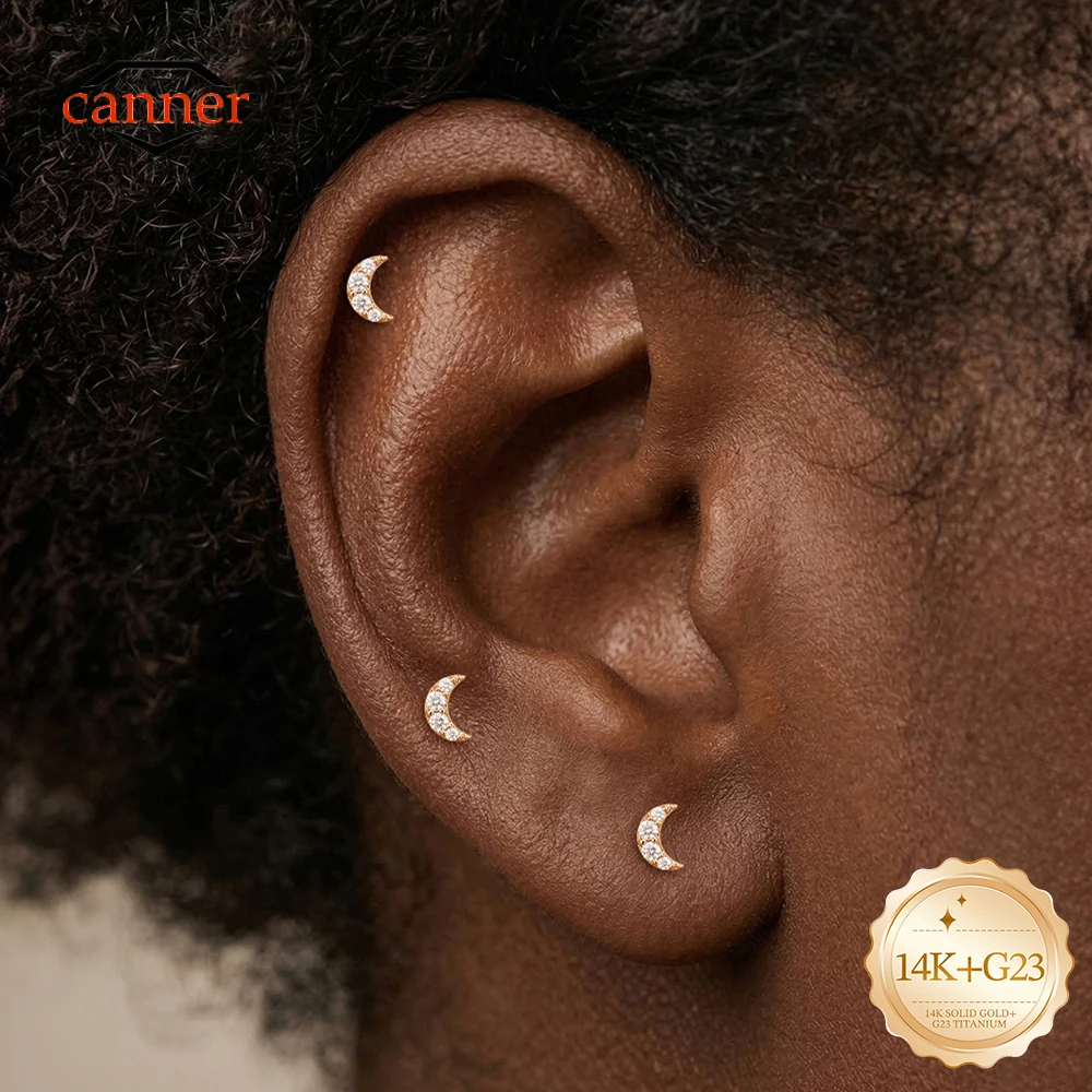 CANNER 1PC 14K Solid Gold Moon CZ Flat Head Threaded Piercing Earring For Women Ins Minimalism Classic Earring Jewelry Gift